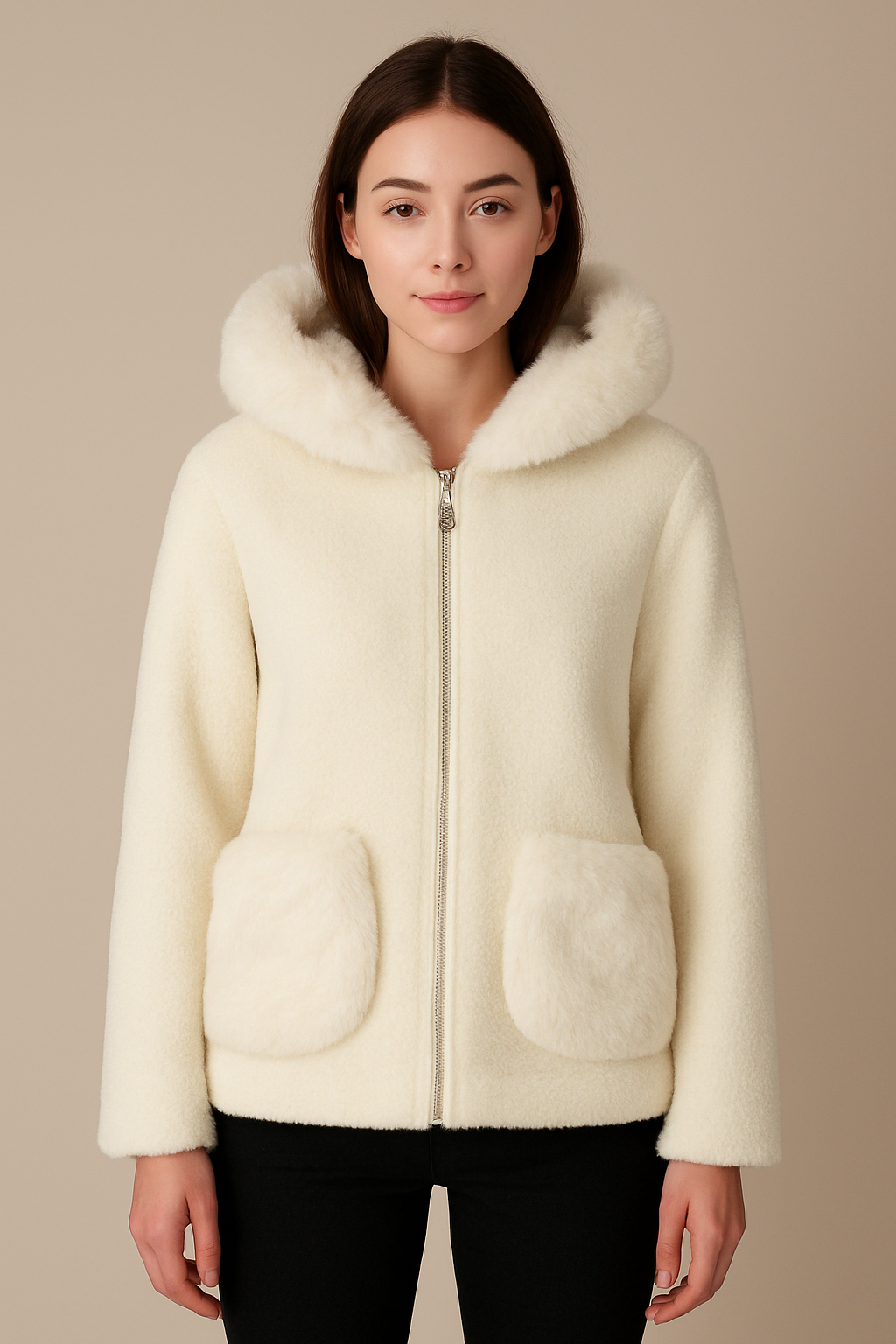 “A plush winter jacket crafted in soft cream fabric, designed with a cozy fur-lined hood and fluffy statement pockets. Its gentle texture and relaxed fit create an elegant, warm look—perfect for cold-weather outings and everyday comfort.”