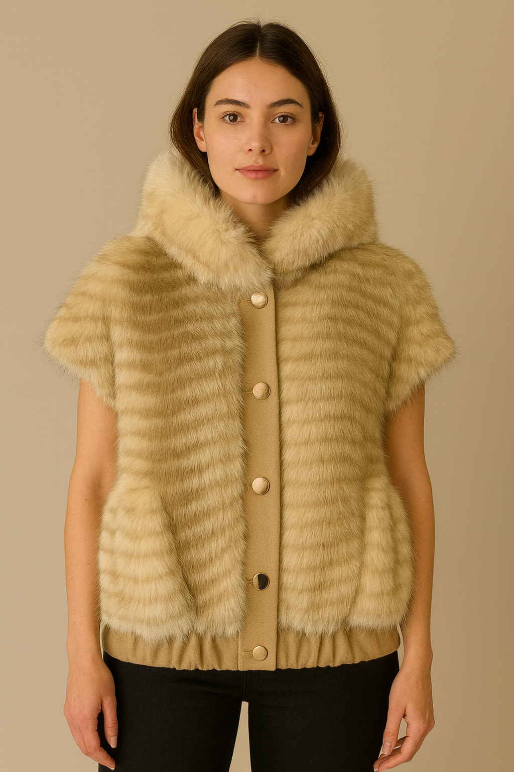 “Luxurious sleeveless faux-fur vest featuring soft white striped fur, a plush collar, and elegant gold-tone buttons. Warm, stylish, and perfect for elevating any winter outfit.”
