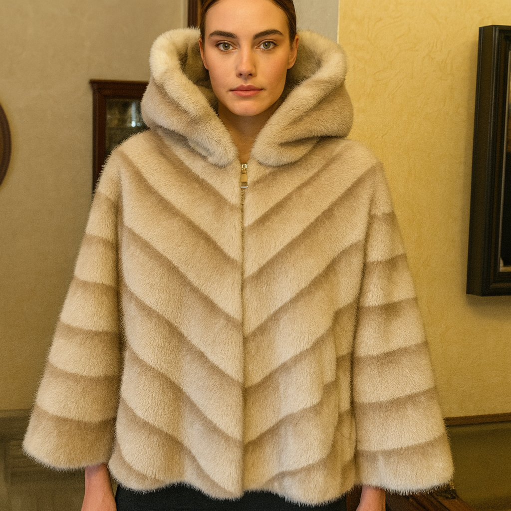 “Luxurious faux-fur jacket featuring soft chevron stripes, a full hood, and wide sleeves. Warm, stylish, and perfect for elevating any winter outfit.”