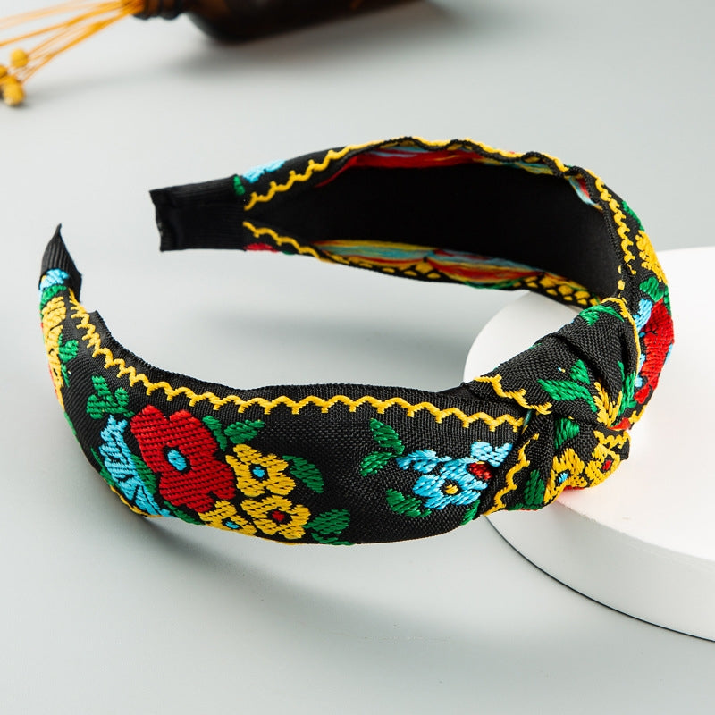 BEI WRH Ethnic Style Cloth Embroidery Flower Headband(Black Color)