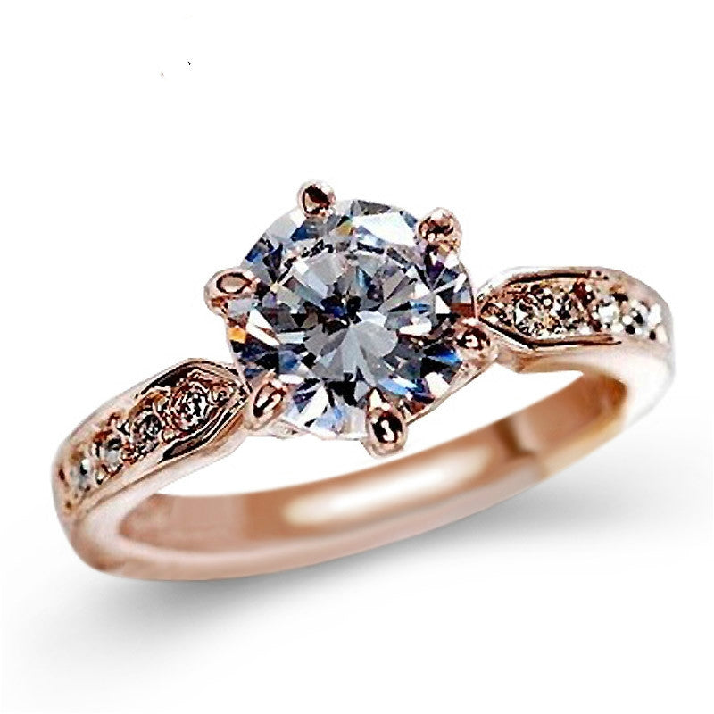 BEI WRH Female Classic Crystal Six-Claw Diamond Ring Wedding Ring, Ring Size:6(Rose Gold)
