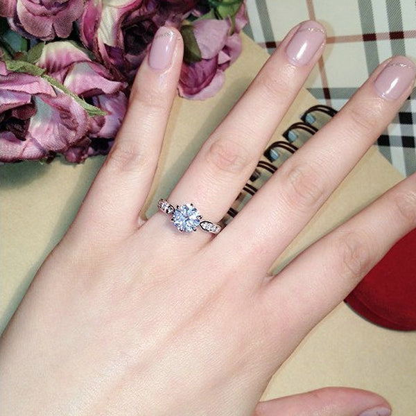 BEI WRH Female Classic Crystal Six-Claw Diamond Ring Wedding Ring, Ring Size:6(Rose Gold)
