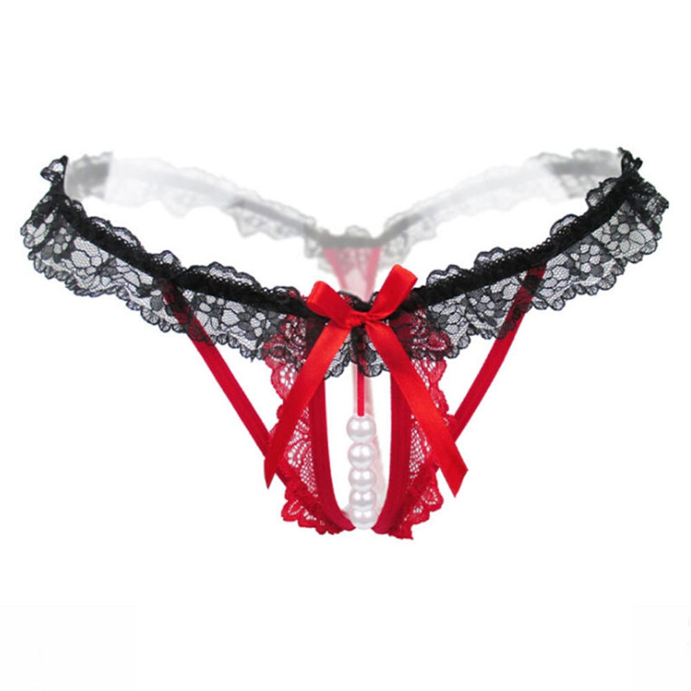 BEI WRH Lady Pierced Sexy Panties Temptation Lace Translucent T Underwear(Red)