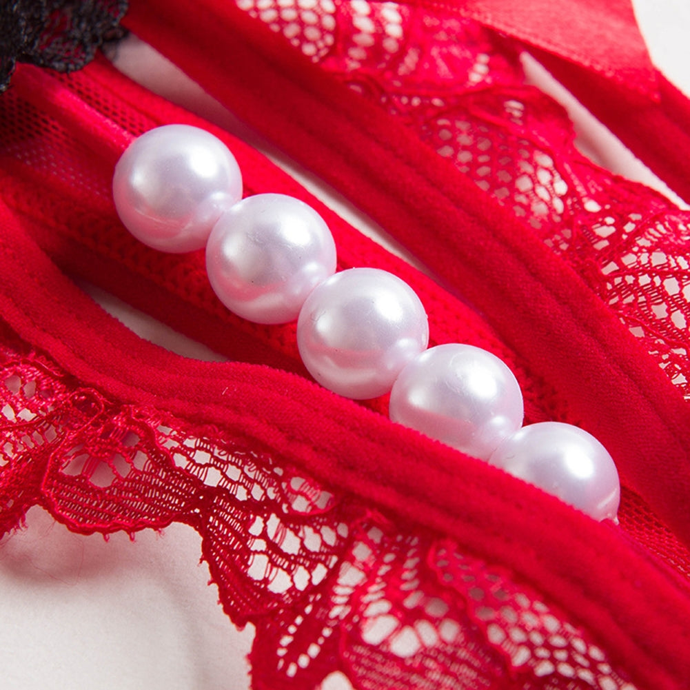 BEI WRH Lady Pierced Sexy Panties Temptation Lace Translucent T Underwear(Red)