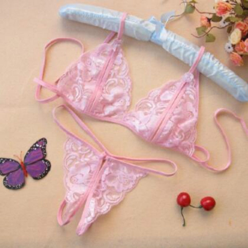 BEI WRH Lady Lotion Open Sexy Lace Three-Point Erotic Lingerie Open Panties Temptation Set(Pink)