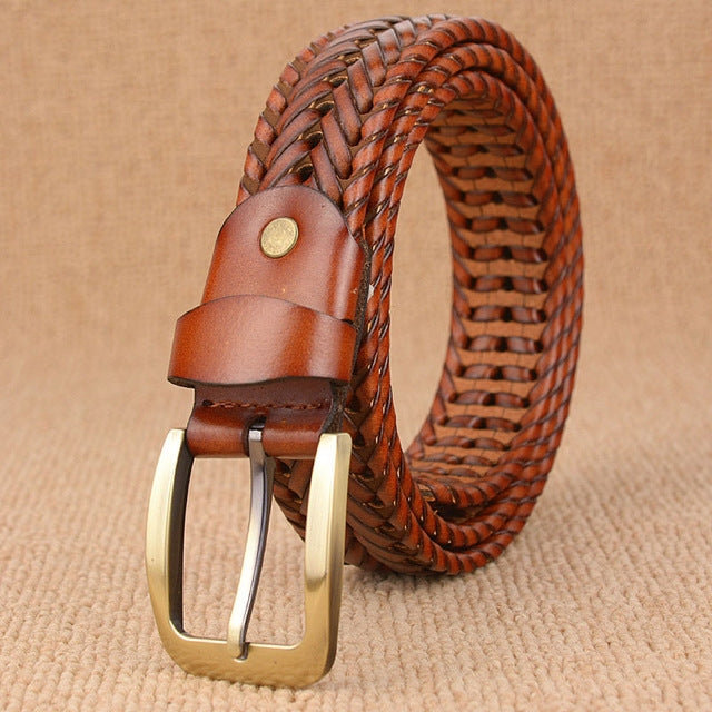 BEI WRH Wide Edition Hand Woven Lacquered Genuine Leather Waistband for Men, Belt Length:120cm(Brown)