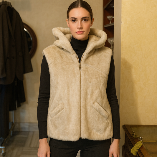 “Soft faux-fur sleeveless vest with a warm hood and front pockets. Designed for comfort and style, this cozy beige piece is perfect for layering on cold days.”