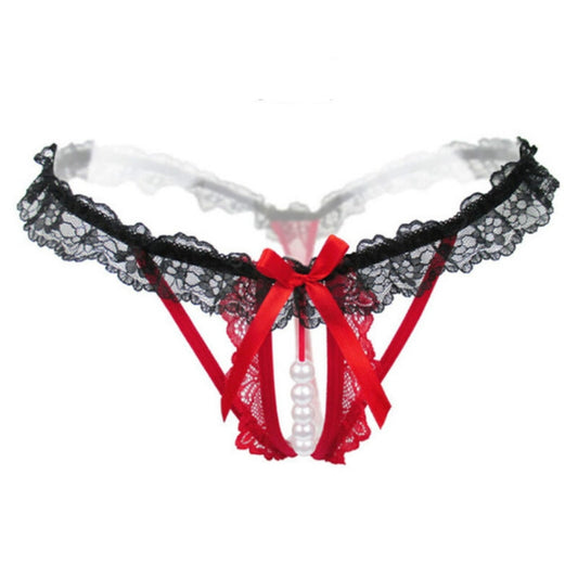 BEI WRH Lady Pierced Sexy Panties Temptation Lace Translucent T Underwear(Red)