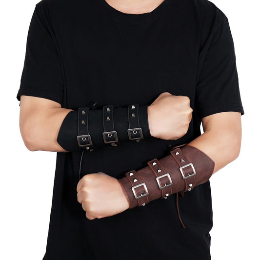 BEI WRH P01994 Men Leather Bracer Personality Punk Riding Arm Guard(Brown)