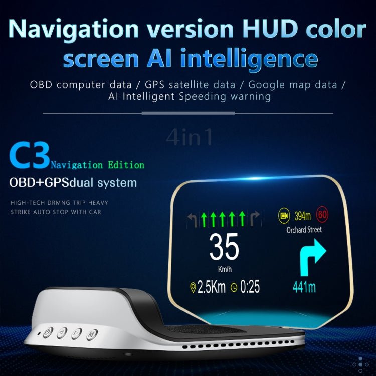 BEI WRH C3 OBD2 + GPS Mode Car Head - up Display HUD Overspeed / Speed / Water Temperature Too High / Voltage Too Low / Engine Failure Alarm / Fatigue Driving Reminder / Navigation Function - Mega Discount Store LebanonLebanon